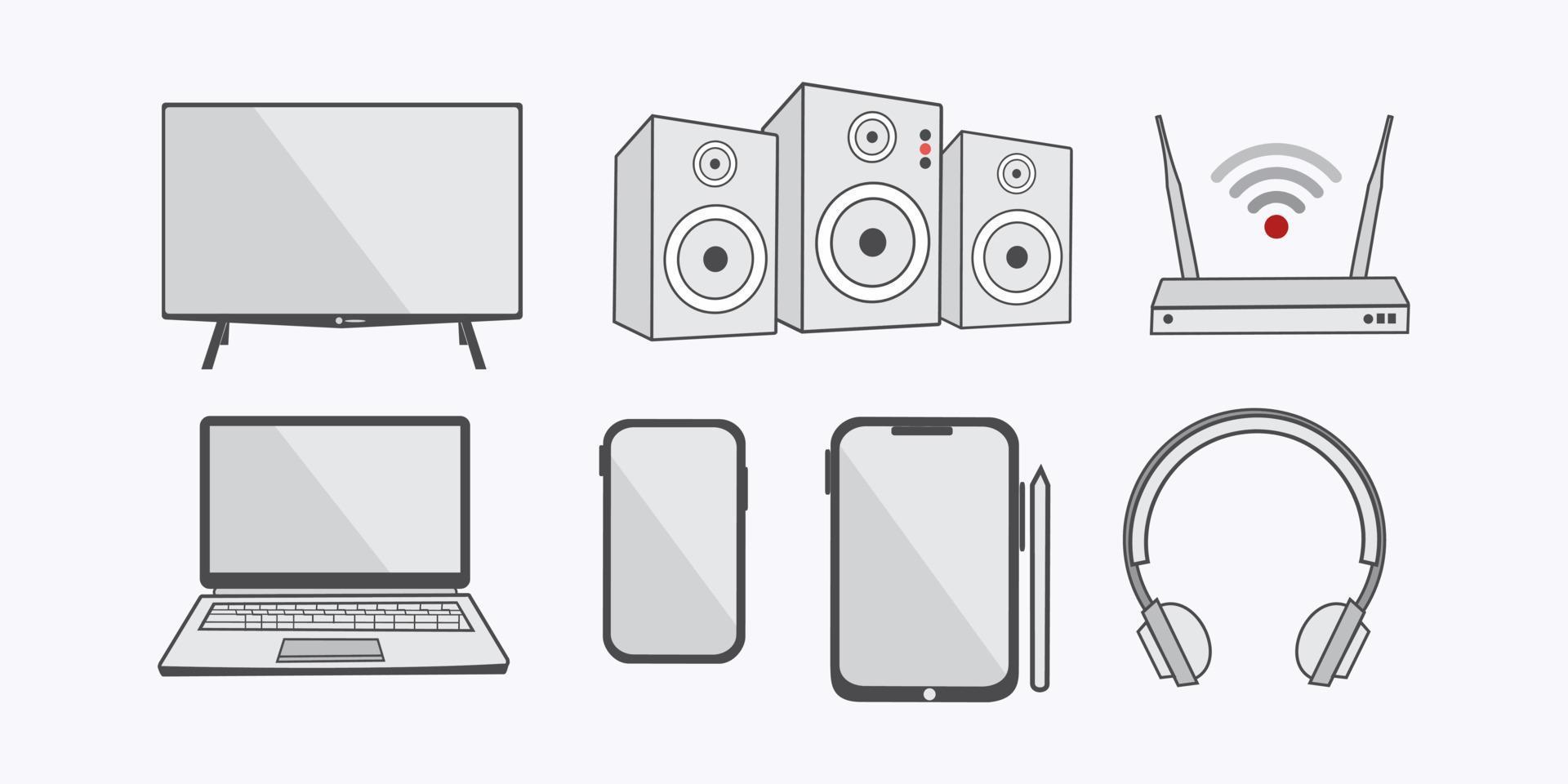 iconos de dispositivos. teléfono inteligente, tableta, computadora portátil, altavoz de audio, tv led, módem wifi, auriculares. ilustración vectorial, diseño plano. vector