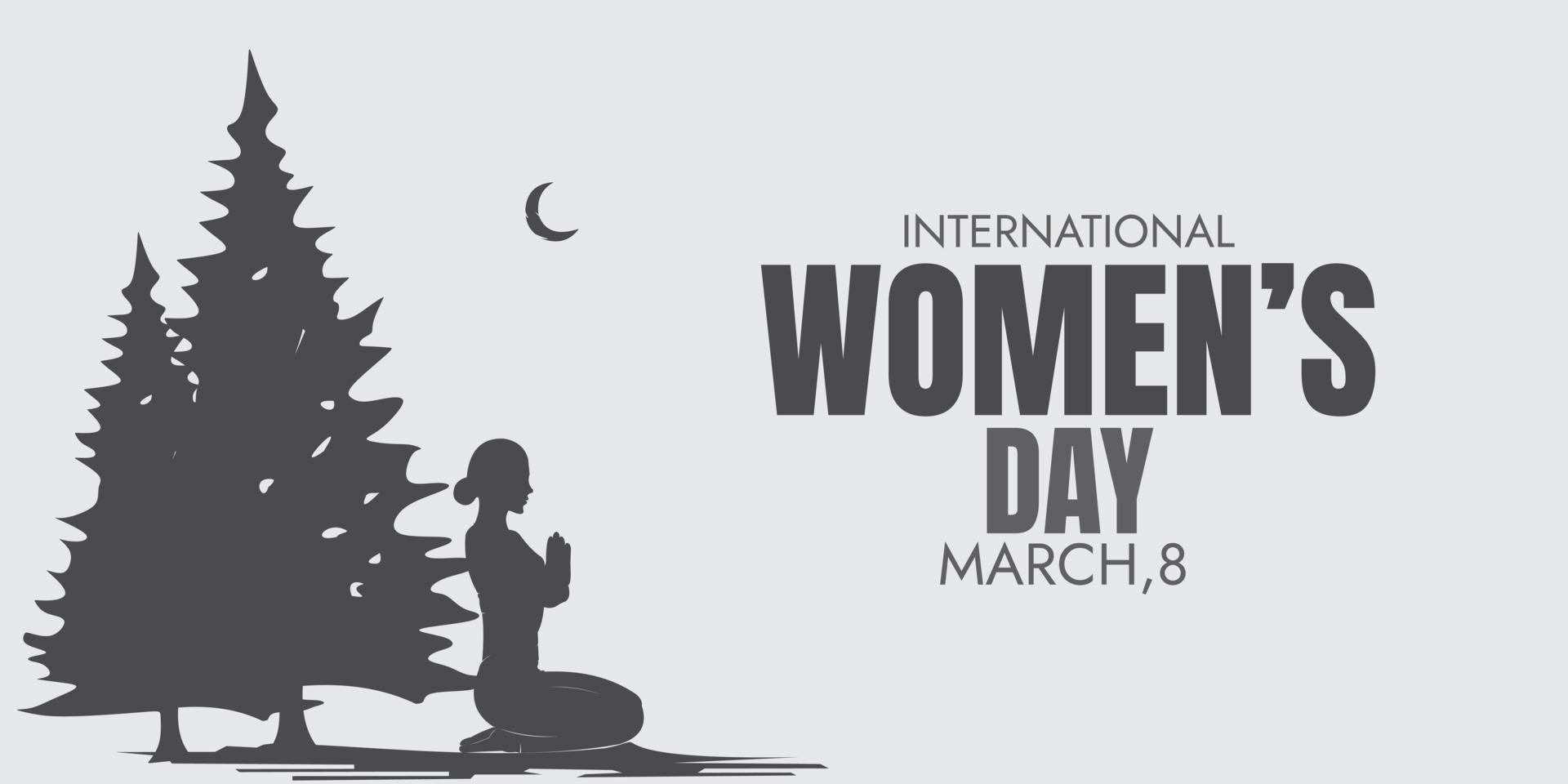 diseño de fondo del cartel de la campaña del día de la mujer en blanco y negro con ilustración vectorial de la pose de silueta de mujer sentada cerca de un pino vector