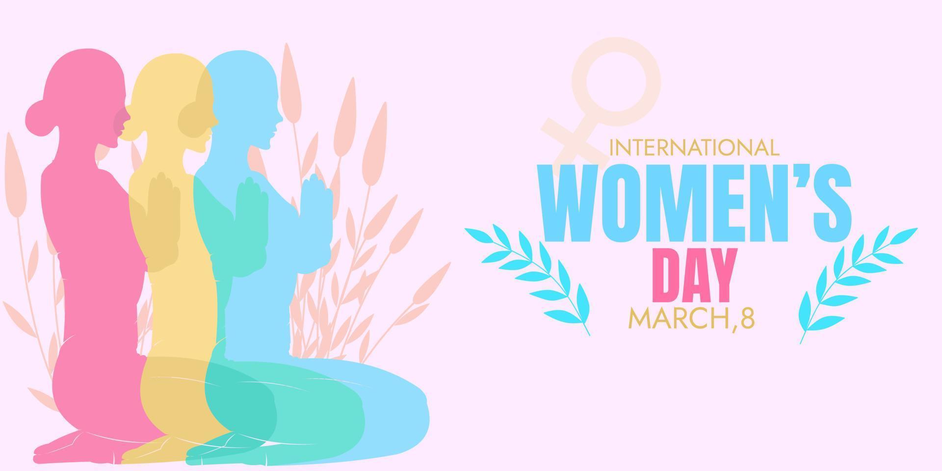 diseño de fondo del cartel de la campaña del día de la mujer con ilustración vectorial de silueta de mujer pose sentada con fondo floral vector