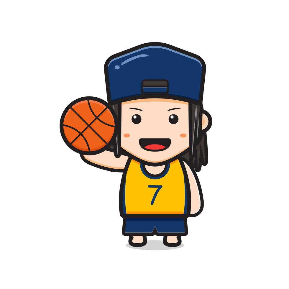 jugador de baloncesto de niño lindo sosteniendo la ilustración de vector de icono de dibujos animados de bola