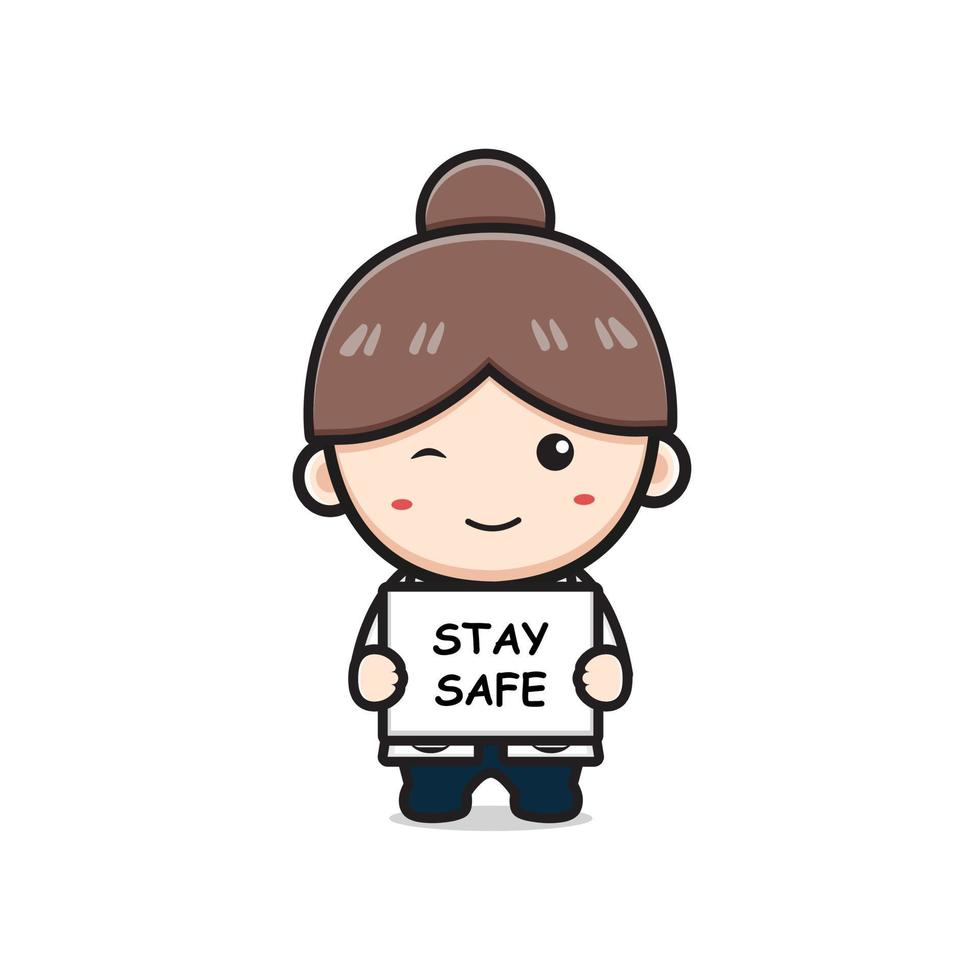 Cute girl doctor holding stay safe cartoon icon illustration vector