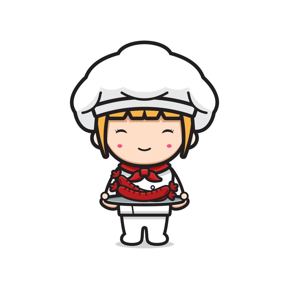 Cute chef holding sausage on plate cartoon icon illustration vector