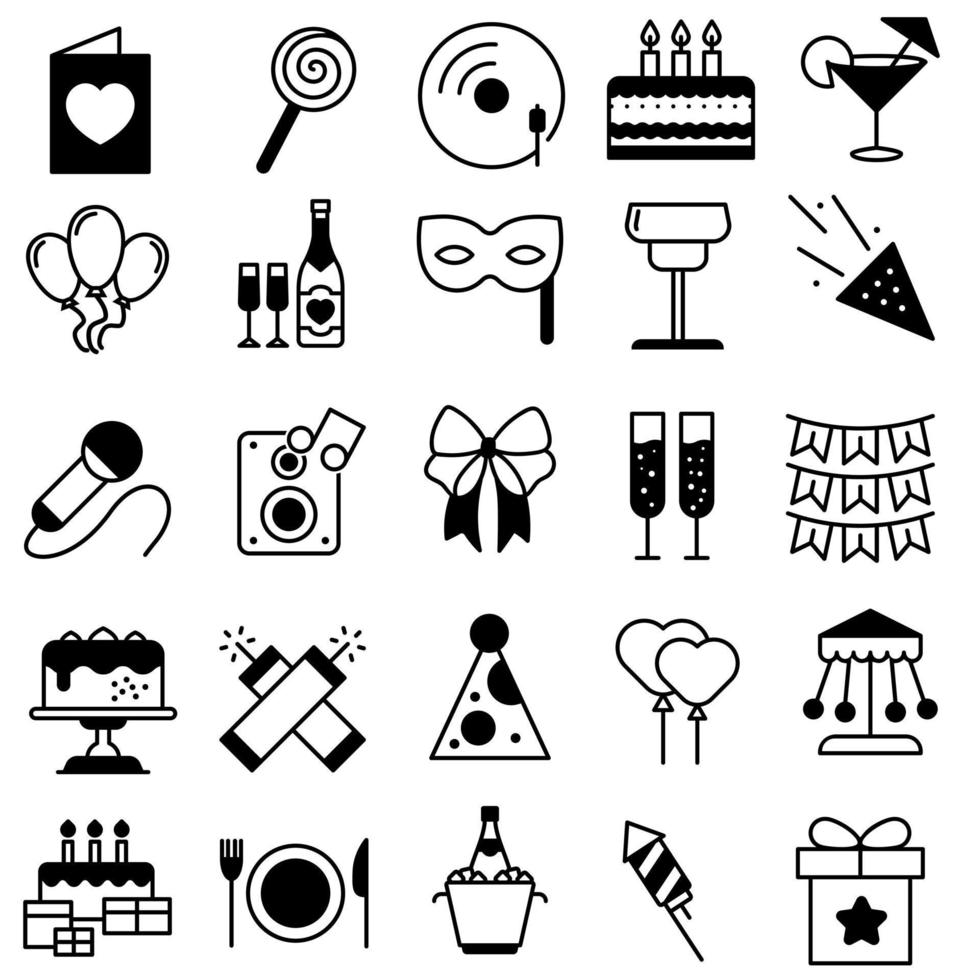 conjunto de vectores de iconos de celebración. colección de signos de ilustración de vacaciones. símbolo del partido. logotipo del evento.