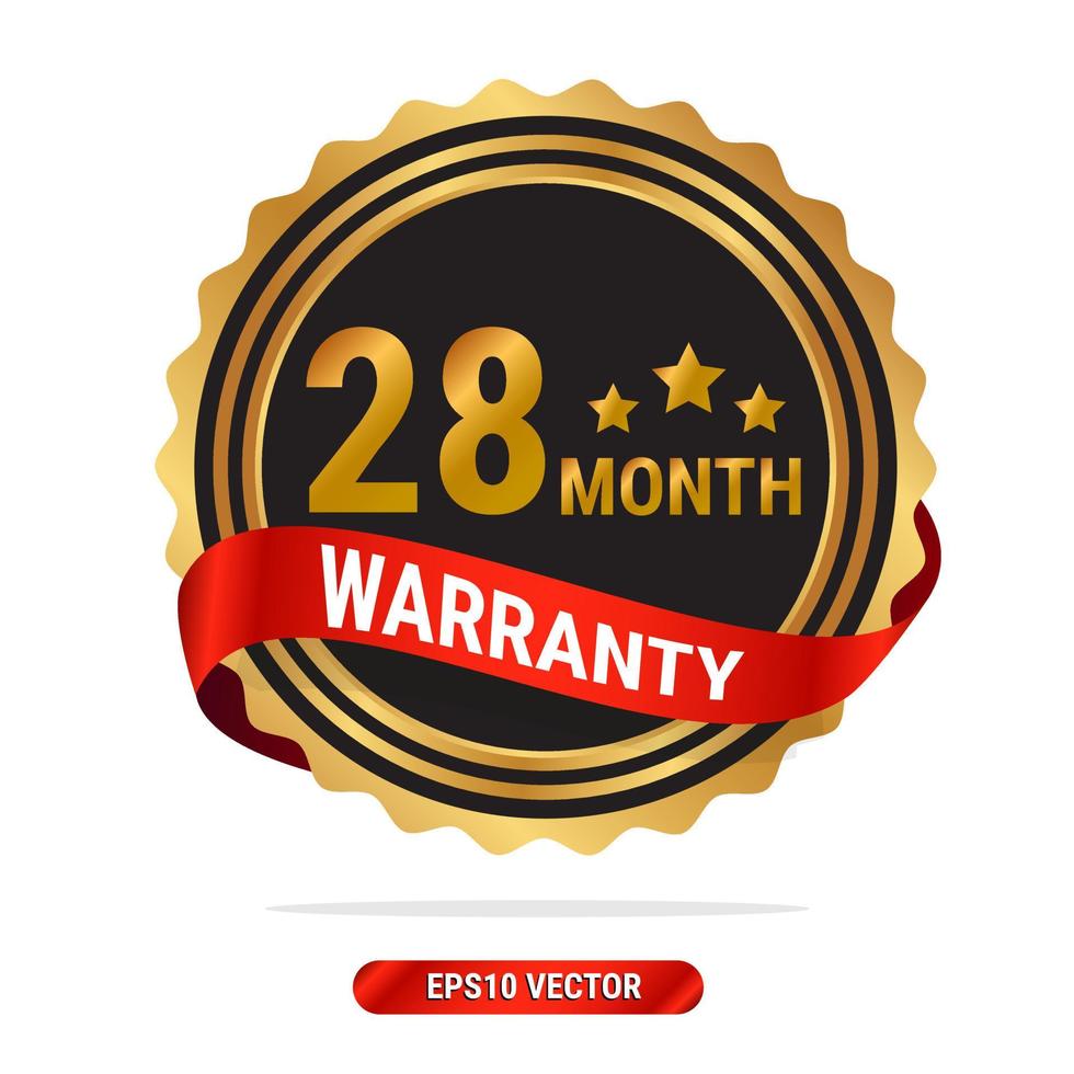 28 month warranty golden seal, stamp, badge, stamp, sign, label with red ribbon isolated on white background. vector