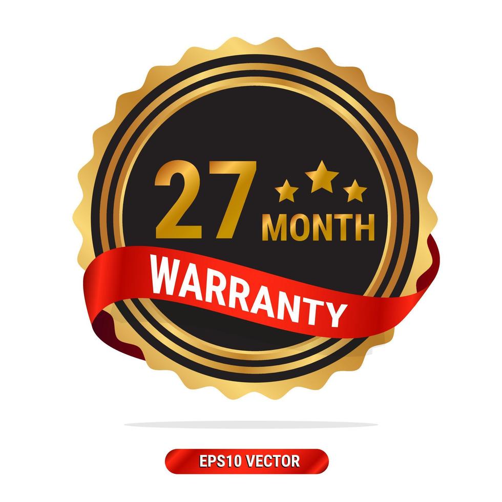 27 month warranty golden seal, stamp, badge, stamp, sign, label with red ribbon isolated on white background. vector