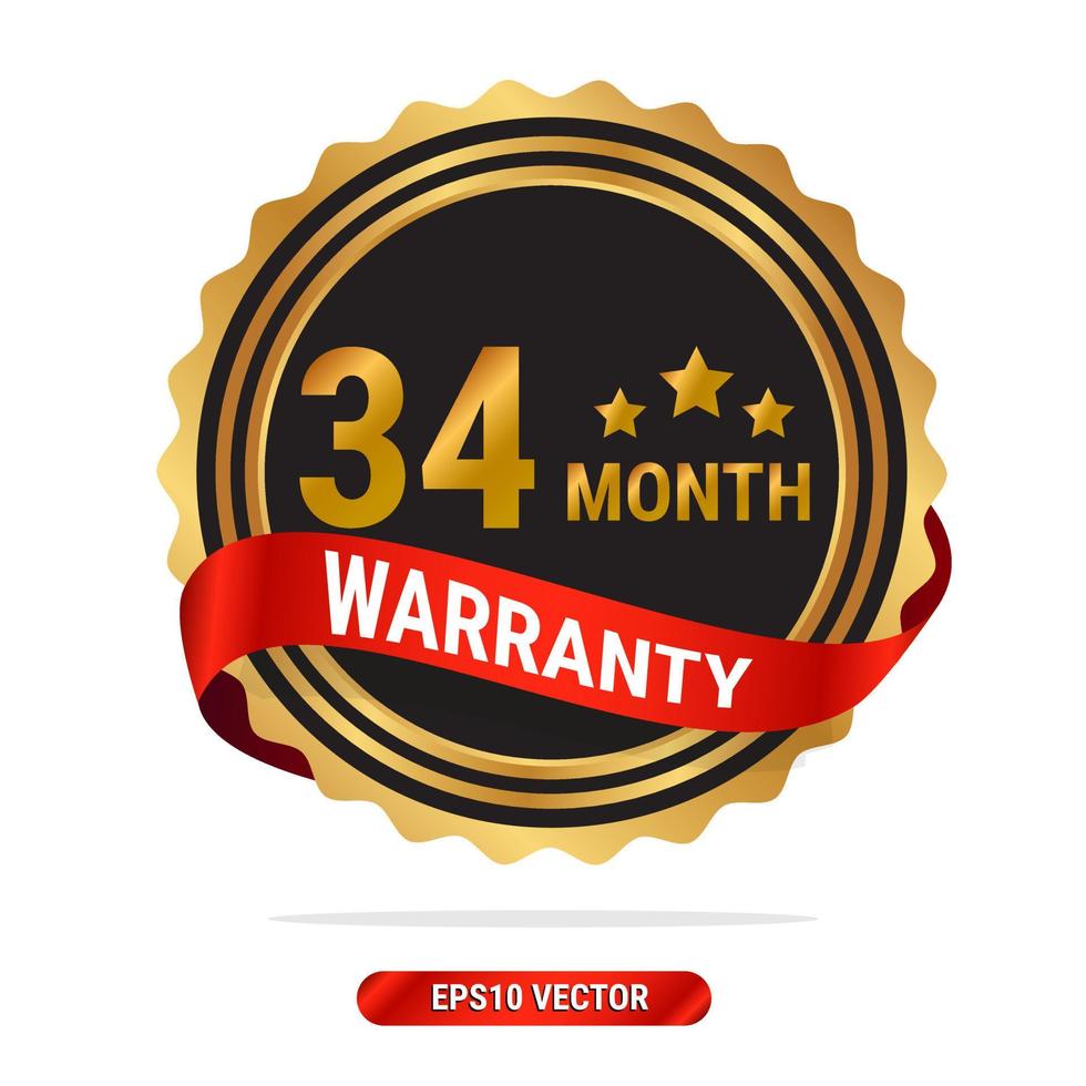 34 month warranty golden seal, stamp, badge, stamp, sign, label with red ribbon isolated on white background. vector