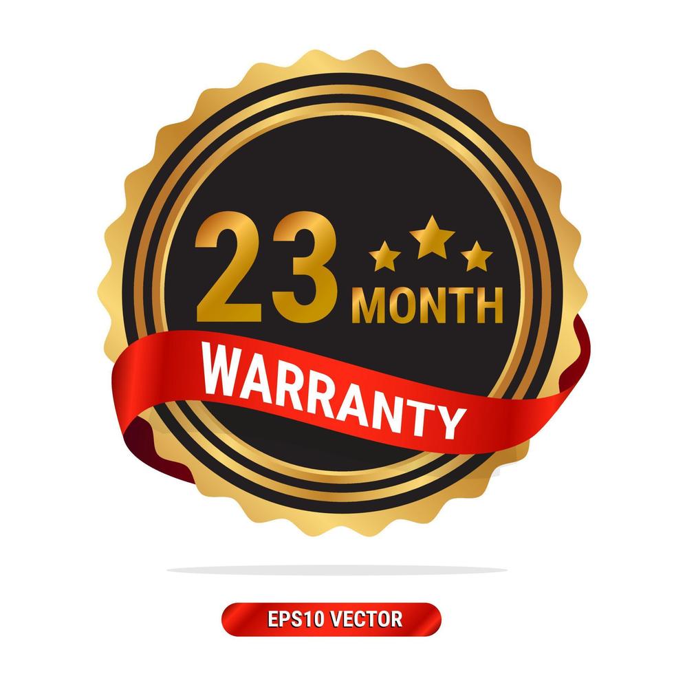 23 month warranty golden seal, stamp, badge, stamp, sign, label with red ribbon isolated on white background. vector