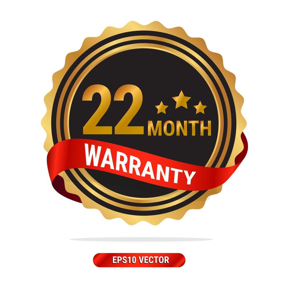 22 month warranty golden seal, stamp, badge, stamp, sign, label with red ribbon isolated on white background. vector