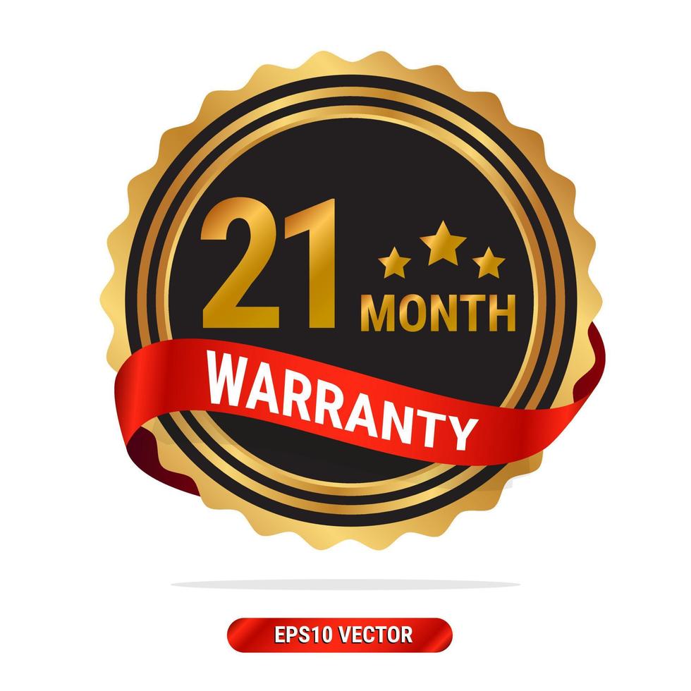 21 month warranty golden seal, stamp, badge, stamp, sign, label with red ribbon isolated on white background. vector