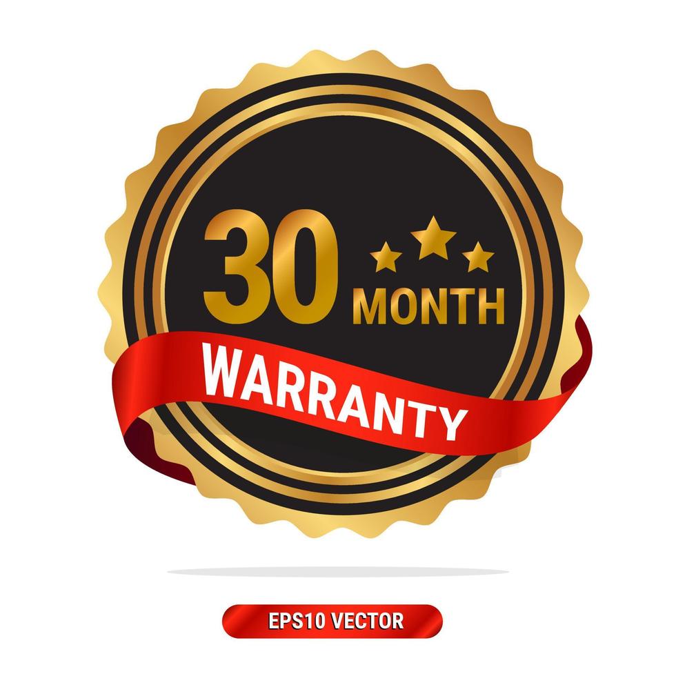 30 month warranty golden seal, stamp, badge, stamp, sign, label with red ribbon isolated on white background. vector