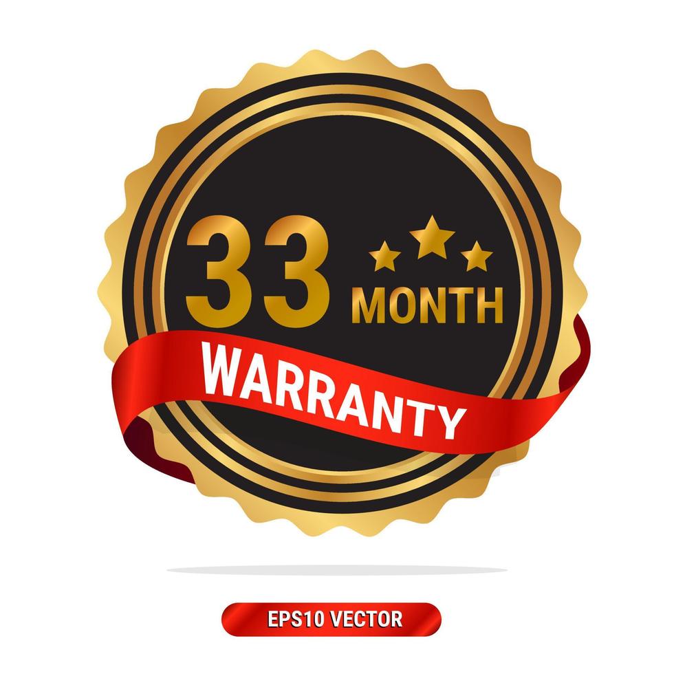 33 month warranty golden seal, stamp, badge, stamp, sign, label with red ribbon isolated on white background. vector