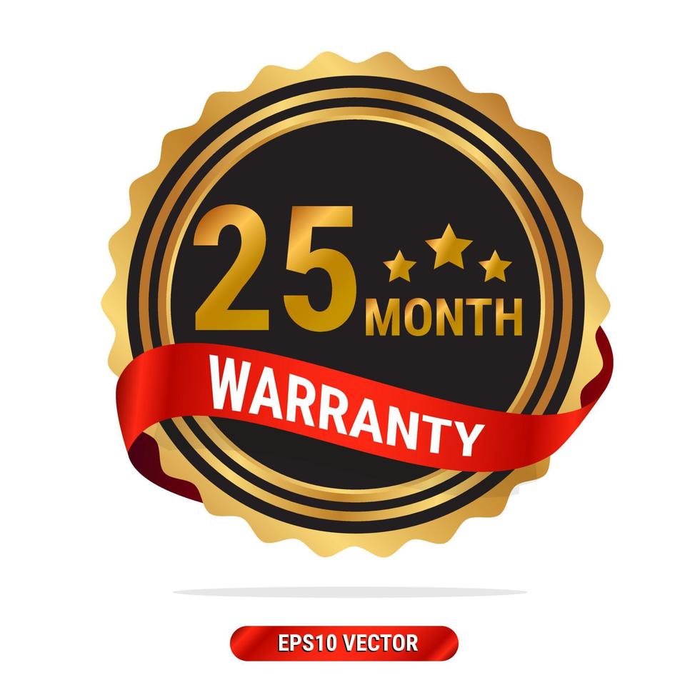 25 month warranty golden seal, stamp, badge, stamp, sign, label with red ribbon isolated on white background. vector