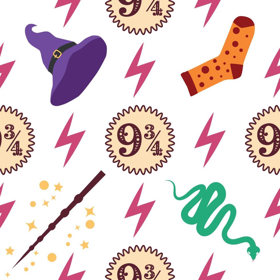 Witches school of magical objects seamless pattern in flat style vector