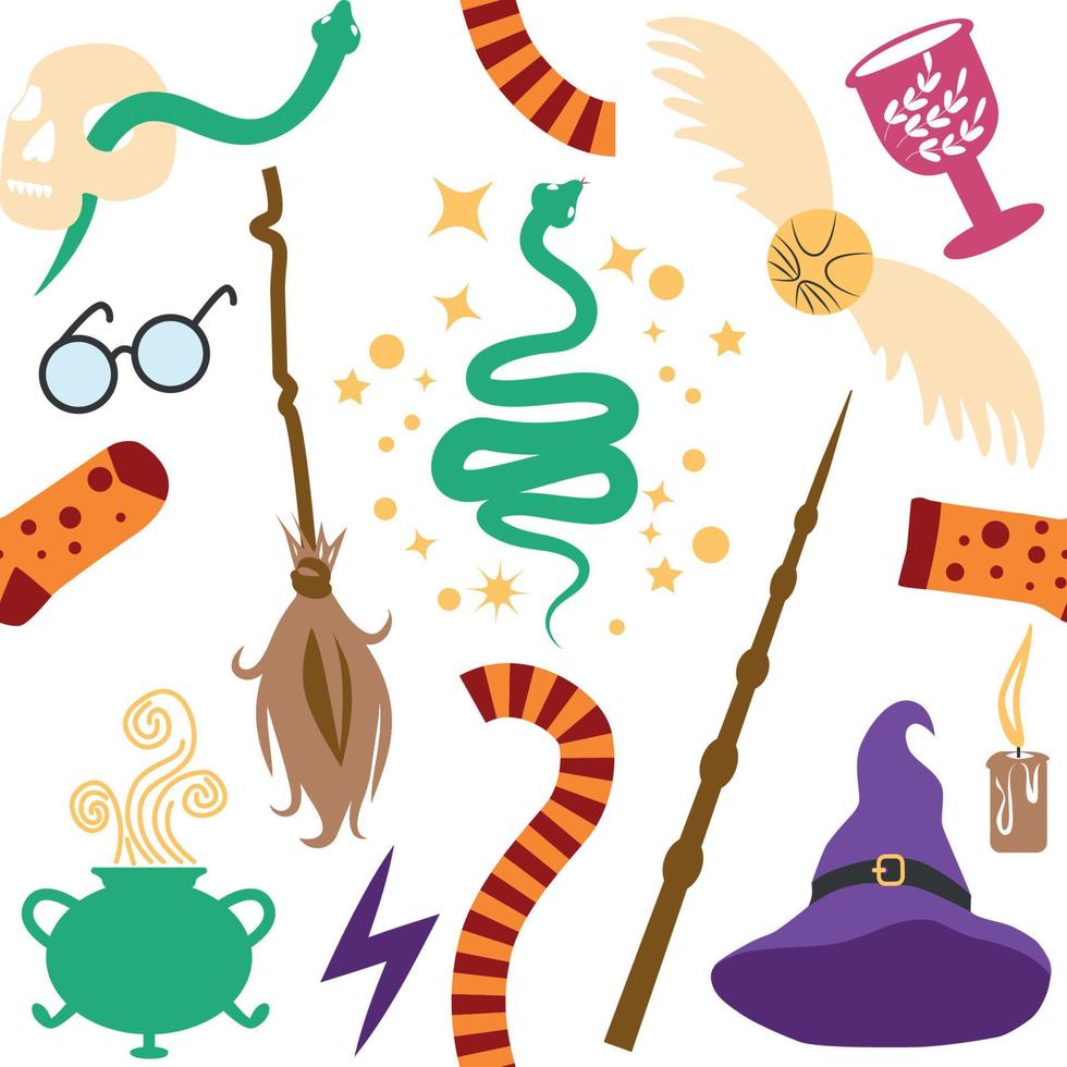 Witches school of magical objects seamless pattern in flat style vector