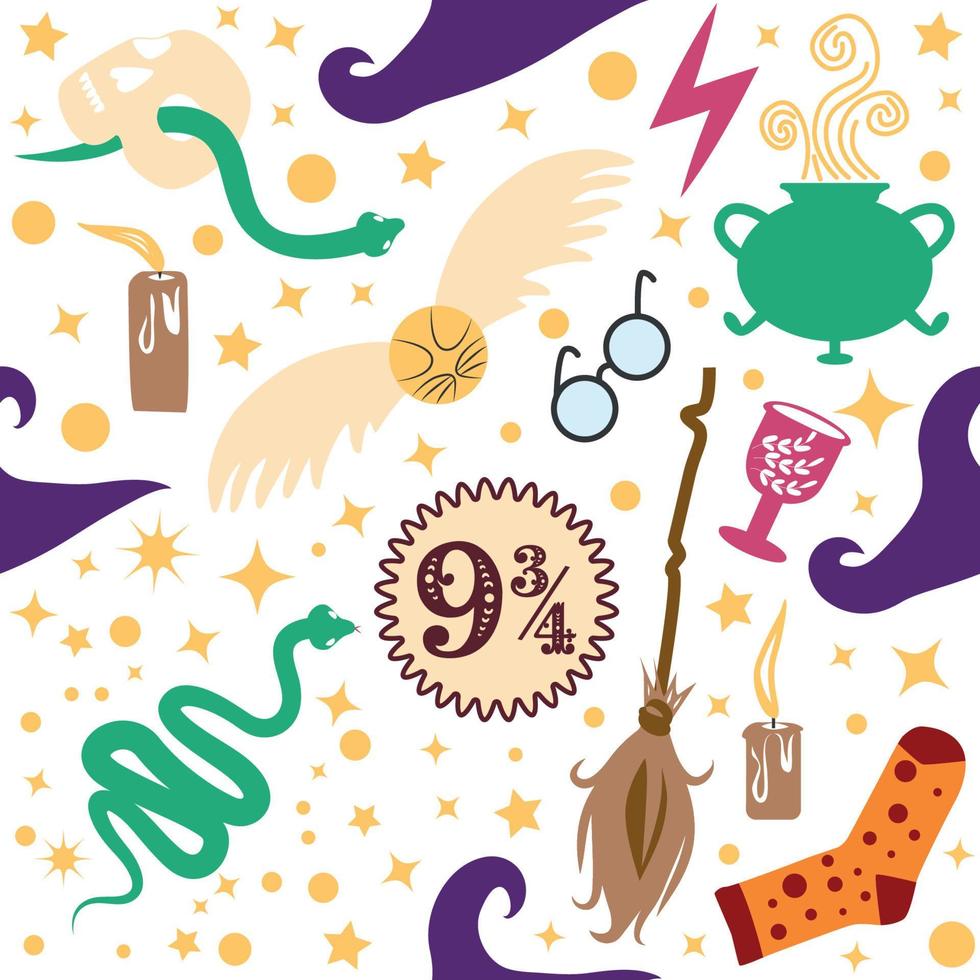 Witches school of magical objects seamless pattern in flat style vector