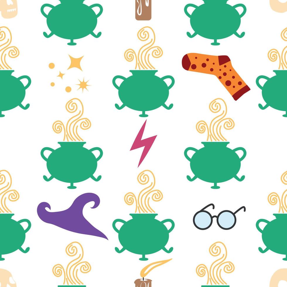 Witches school of magical objects seamless pattern in flat style vector