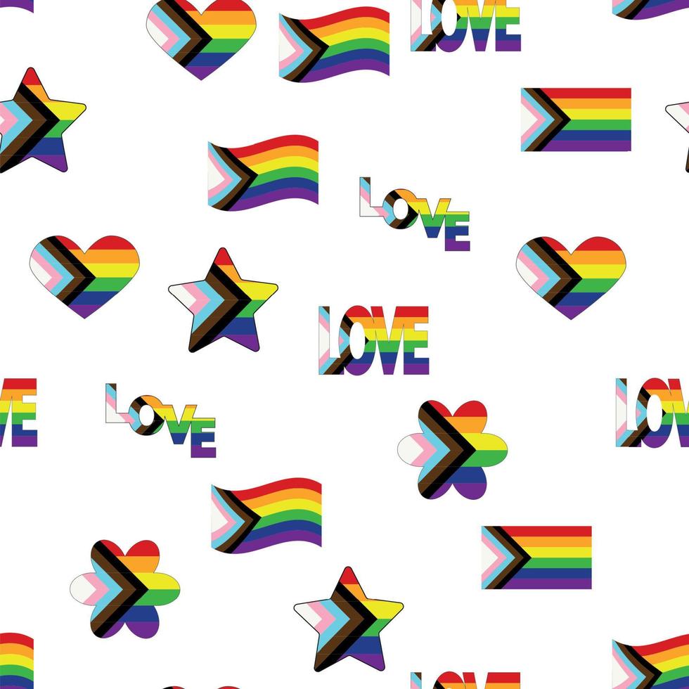 patrón impecable con nueva bandera lgbt, corazones, texto, flor y bandera. orgullo gay. mes del orgullo amor, lgbtq vector