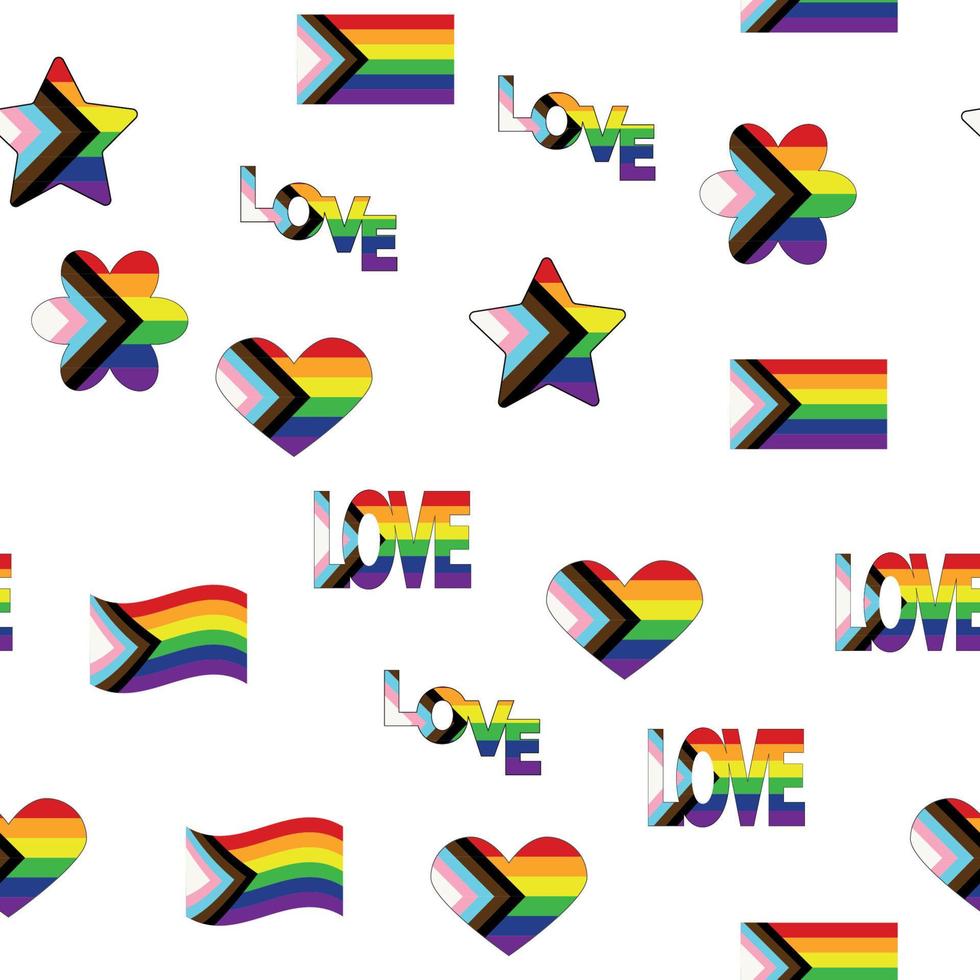 Seamless pattern with new lgbt flag, hearts, text, flower and flag. Gay pride. Pride Month. Love, lgbtq vector