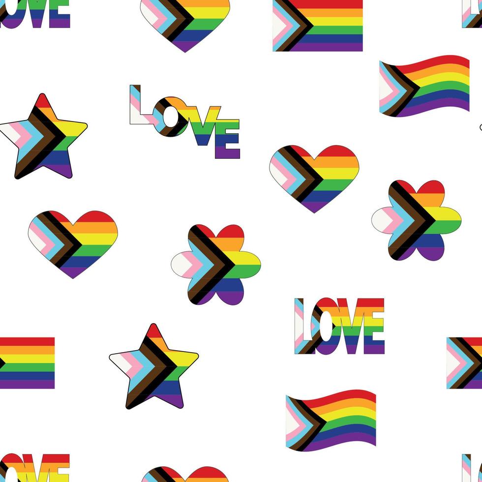 patrón impecable con nueva bandera lgbt, corazones, texto, flor y bandera. orgullo gay. mes del orgullo amor, lgbtq vector