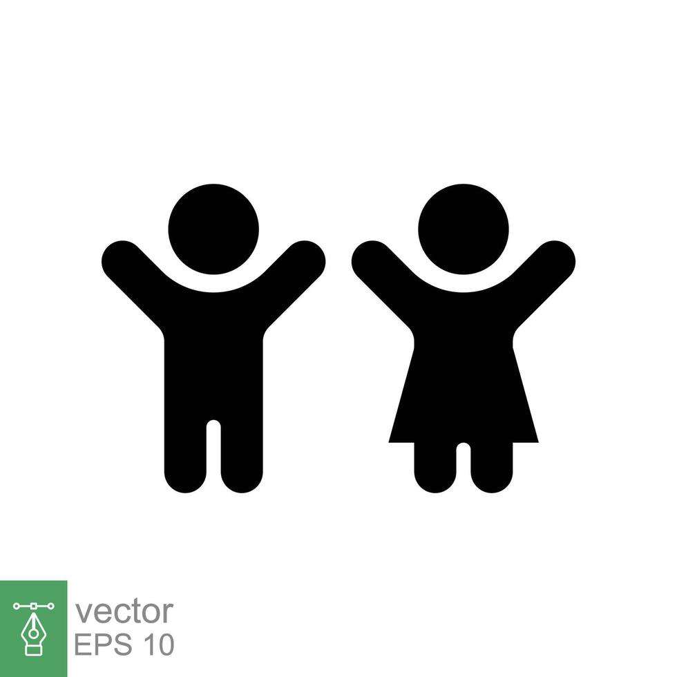 Children, boy and girl icon. Simple flat style. Happy kid, fun child, hands up, wc or toilet logo concept. Silhouette, glyph symbol. Vector illustration design isolated on white background. EPS 10.