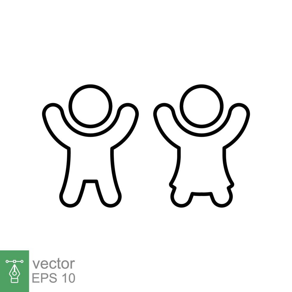 Children, boy and girl icon. Simple outline style. Happy kid, fun child, hands up, wc or toilet logo concept. Thin line symbol. Vector illustration design isolated on white background. EPS 10.