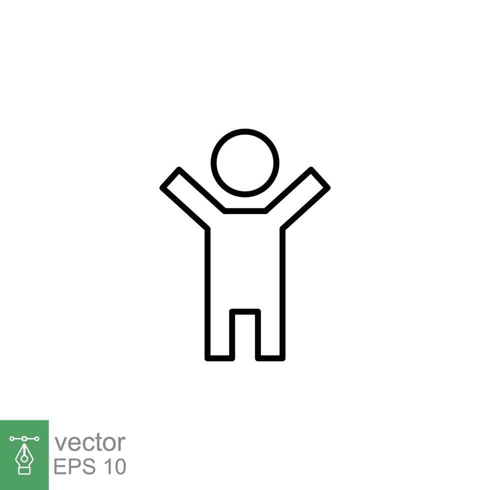 Boy hands up icon. Simple outline style. Man raised two hands, hold arm, happy figure concept. Thin line symbol. Vector illustration design isolated on white background. EPS 10.