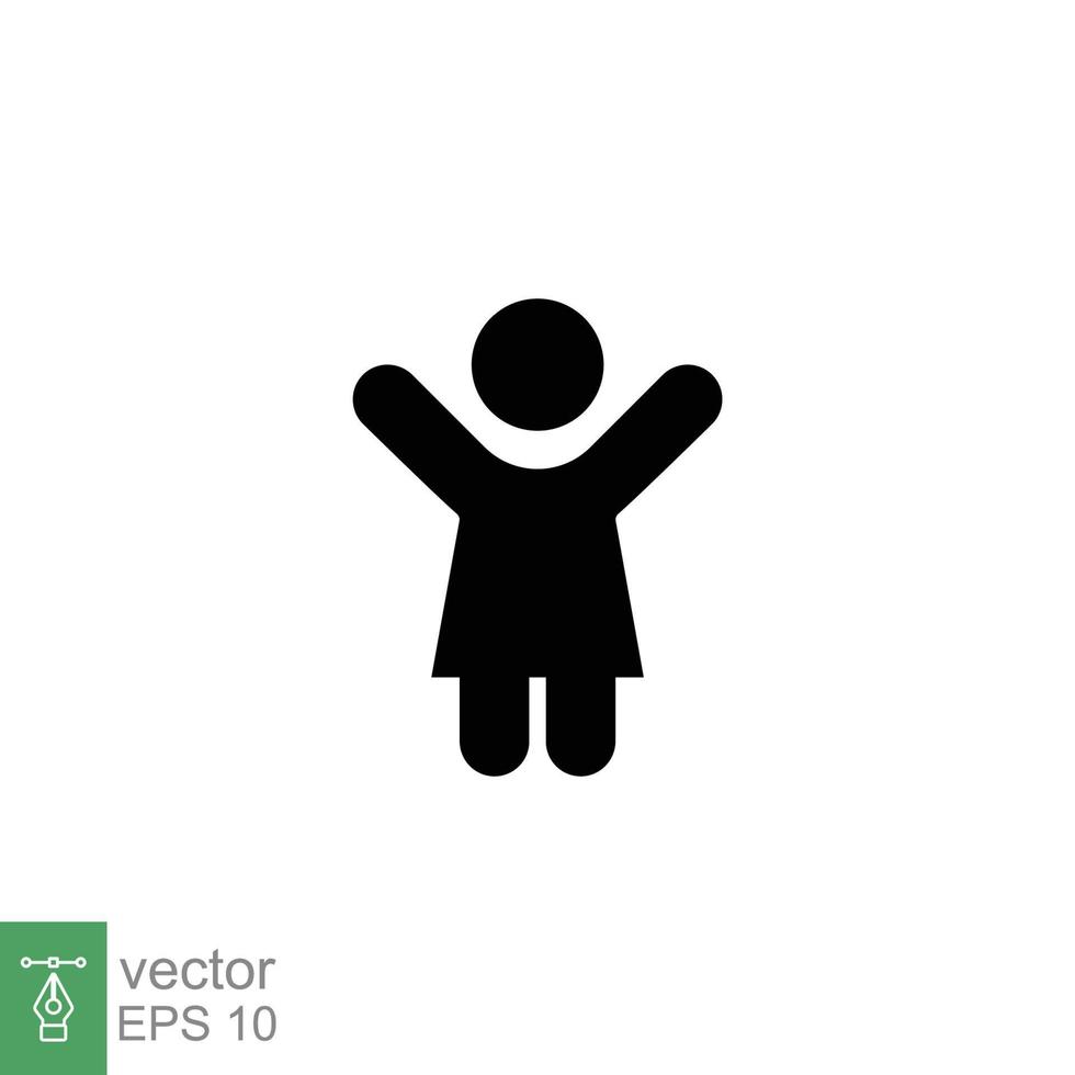 Girl hands up icon. Simple flat style. Woman raised two hands, hold arm, happy figure concept. Silhouette, glyph symbol. Vector illustration design isolated on white background. EPS 10.
