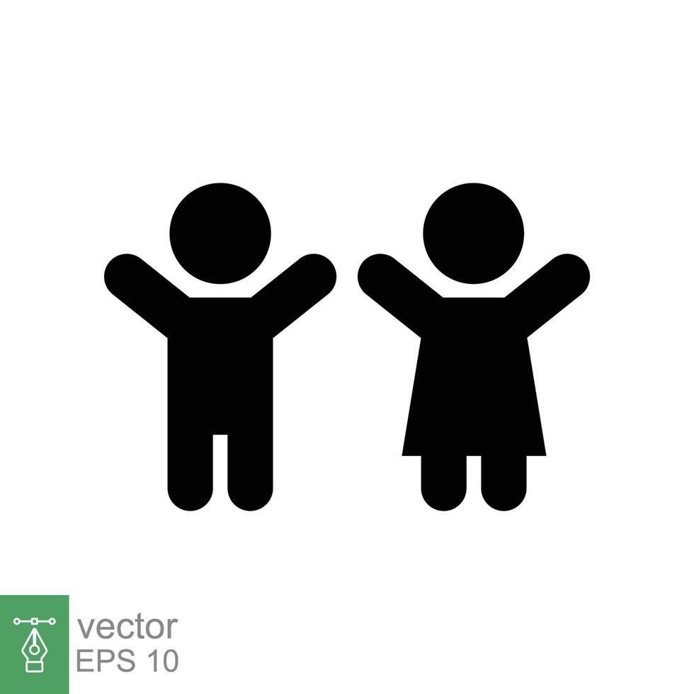 Children, boy and girl icon. Simple flat style. Happy kid, fun child, hands up, wc or toilet logo concept. Silhouette, glyph symbol. Vector illustration design isolated on white background. EPS 10.