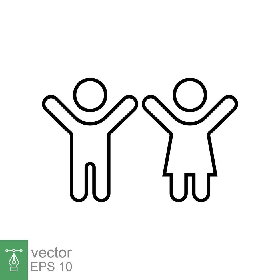 Children, boy and girl icon. Simple outline style. Happy kid, fun child, hands up, wc or toilet logo concept. Thin line symbol. Vector illustration design isolated on white background. EPS 10.