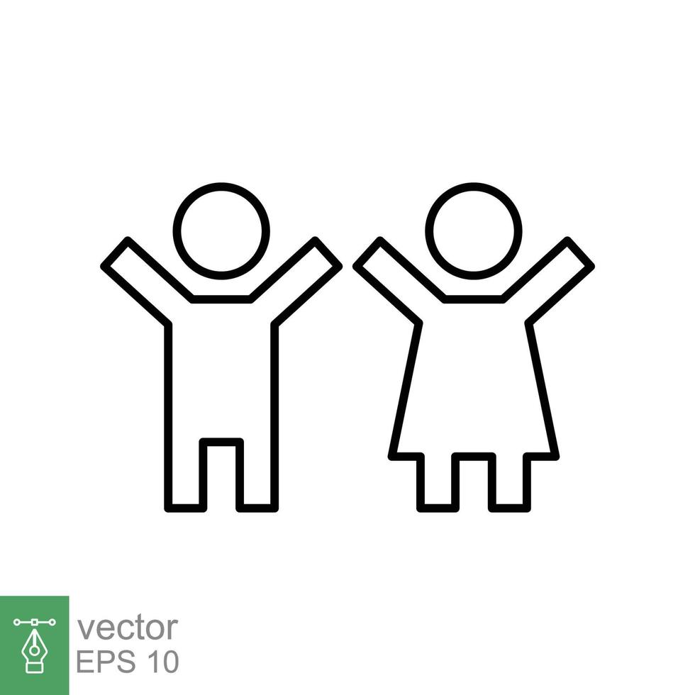 Children, boy and girl icon. Simple outline style. Happy kid, fun child, hands up, wc or toilet logo concept. Thin line symbol. Vector illustration design isolated on white background. EPS 10.