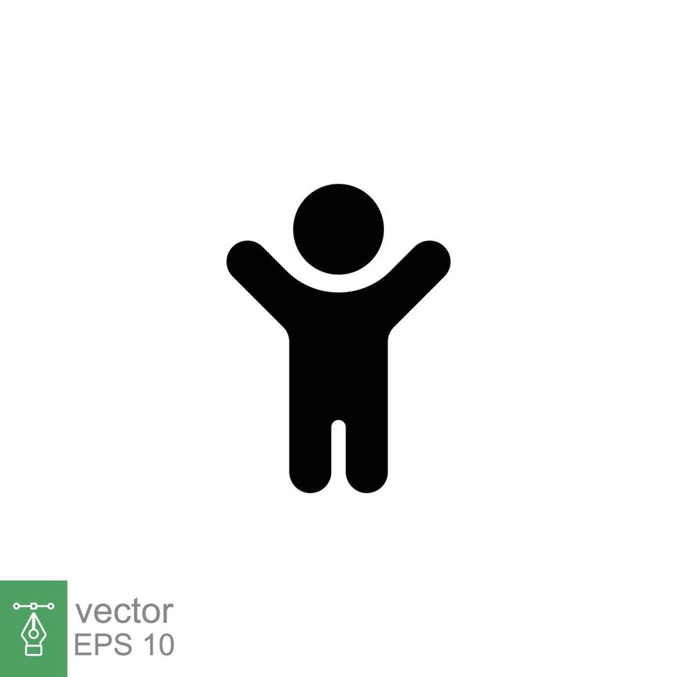 Boy hands up icon. Simple flat style. Man raised two hands, hold arm, happy figure concept. Silhouette, glyph symbol. Vector illustration design isolated on white background. EPS 10.