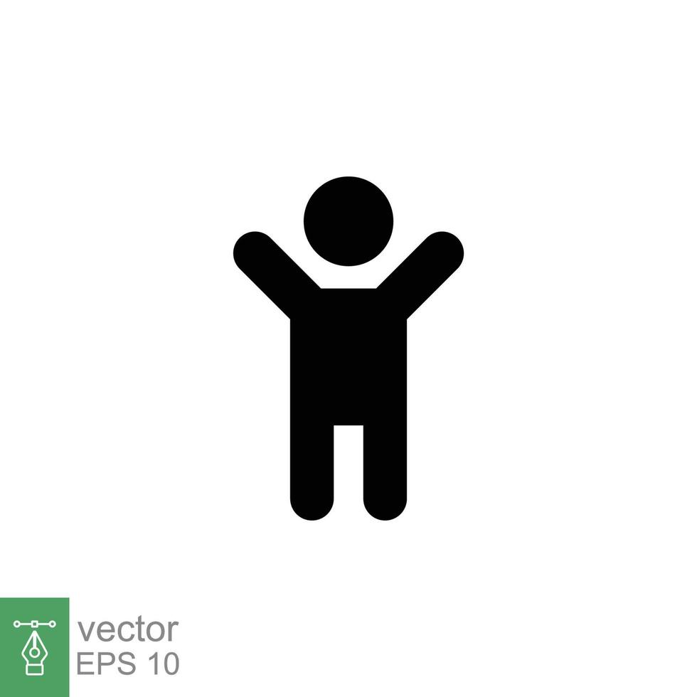 Boy hands up icon. Simple flat style. Man raised two hands, hold arm, happy figure concept. Silhouette, glyph symbol. Vector illustration design isolated on white background. EPS 10.