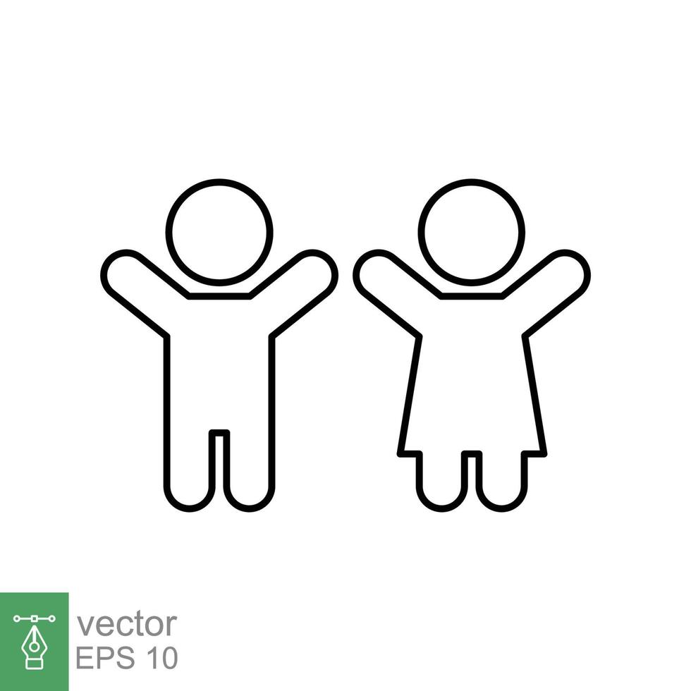 Children, boy and girl icon. Simple outline style. Happy kid, fun child, hands up, wc or toilet logo concept. Thin line symbol. Vector illustration design isolated on white background. EPS 10.