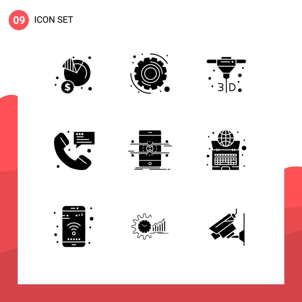 Mobile Interface Solid Glyph Set of 9 Pictograms of interface messaging printing communication contact Editable Vector Design Elements