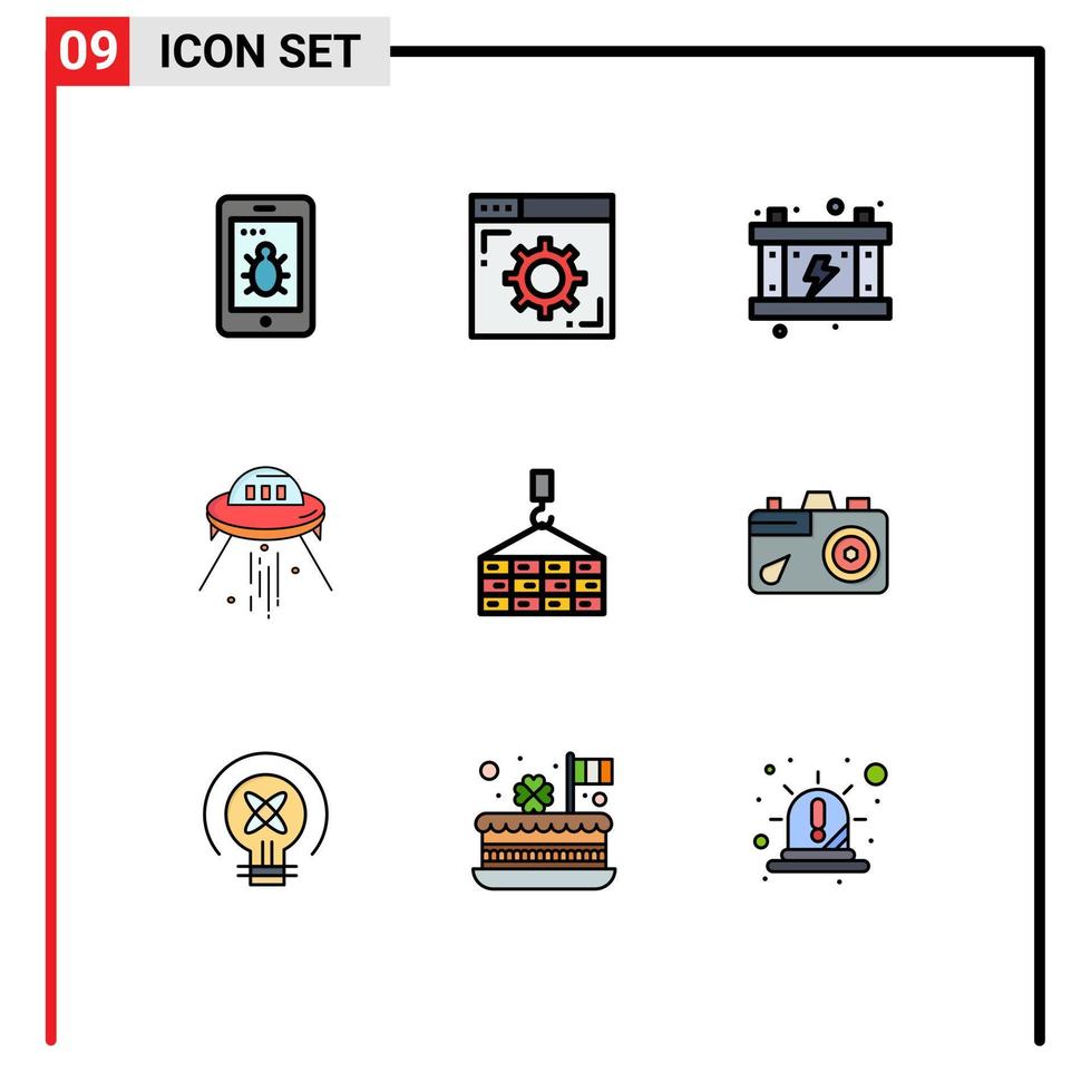 Mobile Interface Filledline Flat Color Set of 9 Pictograms of cargo alien energy rocket space Editable Vector Design Elements