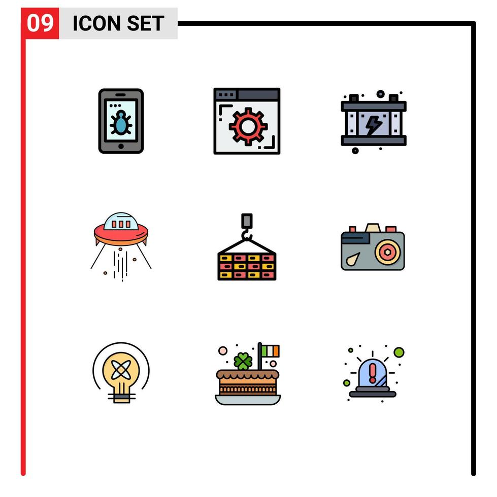conjunto de color plano de línea de relleno de interfaz móvil de 9 pictogramas de elementos de diseño de vector editables de espacio de cohete de energía alienígena de carga