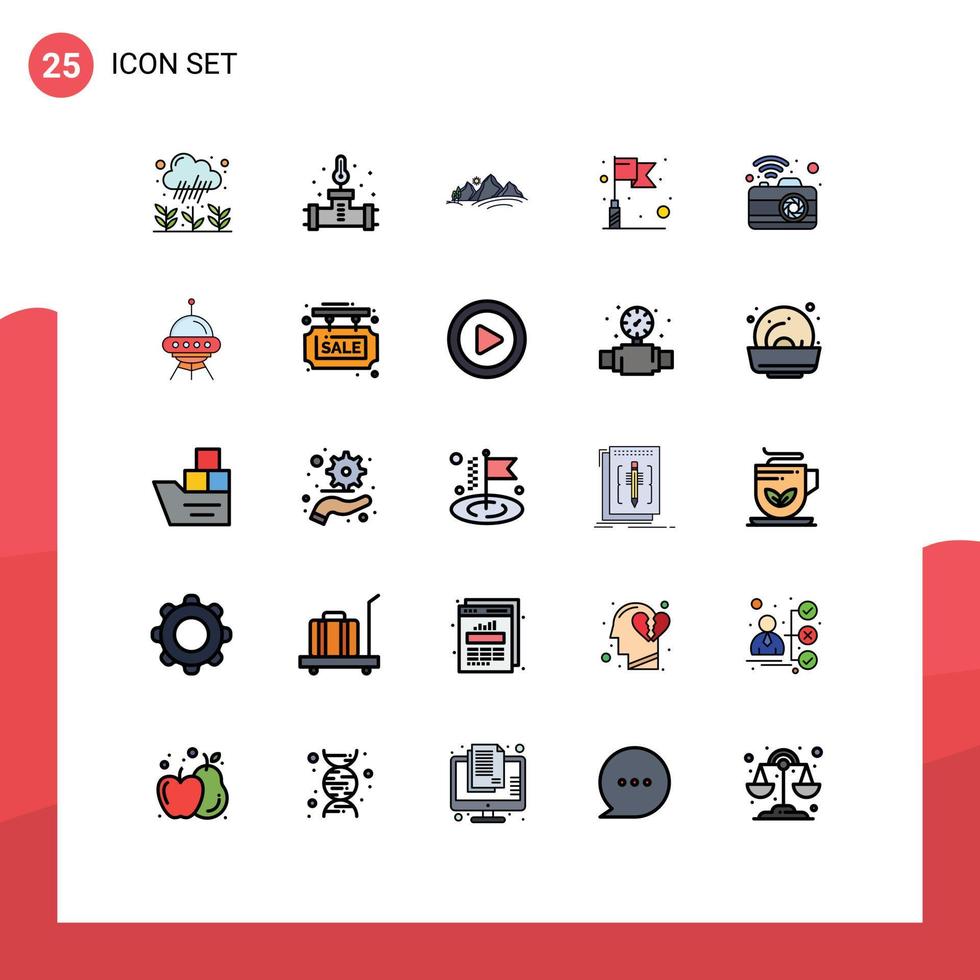 Modern Set of 25 Filled line Flat Colors and symbols such as communication target hill success sun Editable Vector Design Elements