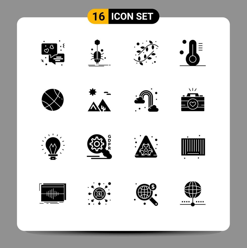 Editable Vector Line Pack of 16 Simple Solid Glyphs of basket ball sport buds weather temperature Editable Vector Design Elements
