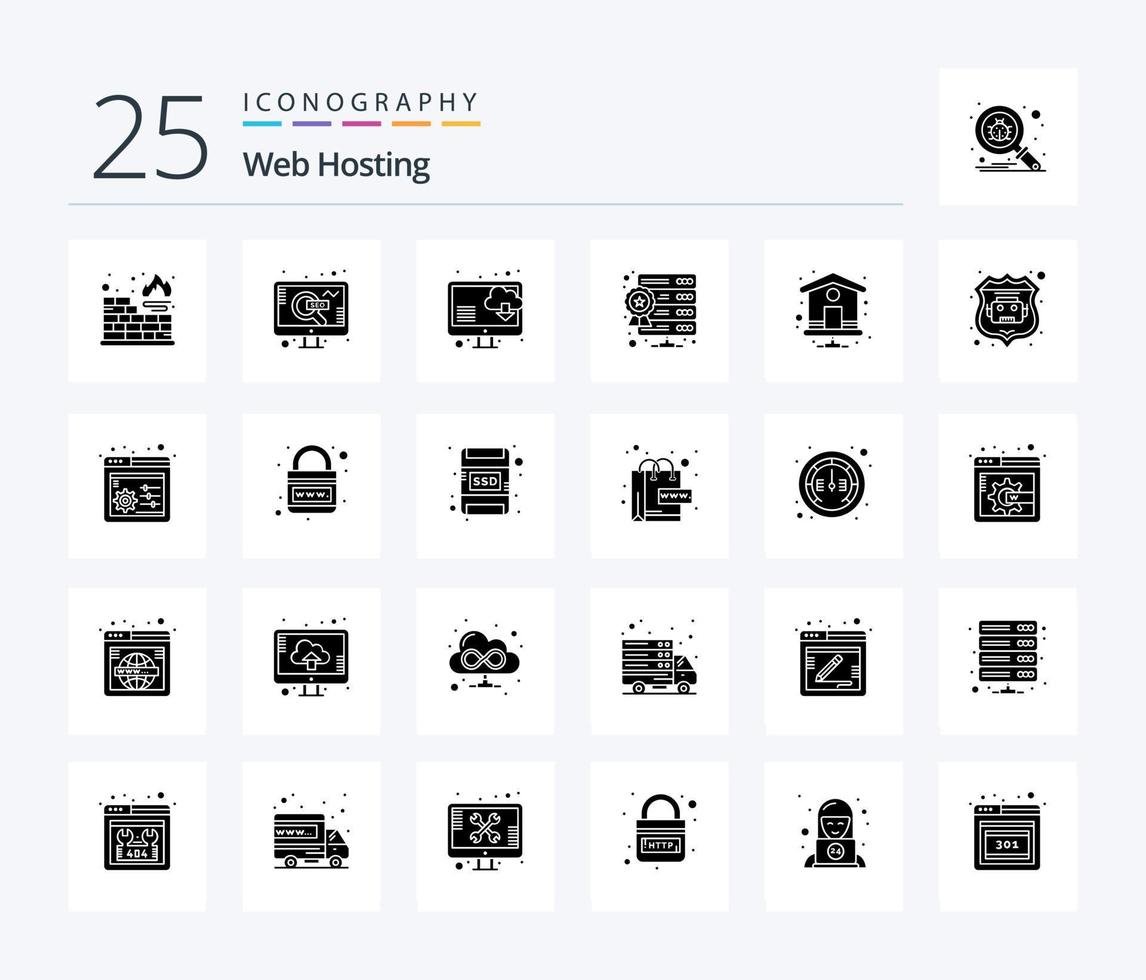 Web Hosting 25 Solid Glyph icon pack including . home page. computer. home. star vector