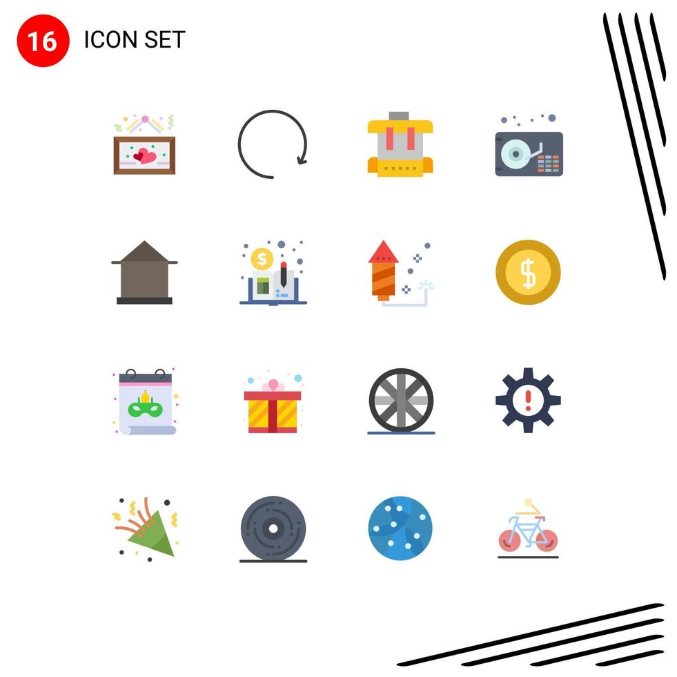 Flat Color Pack of 16 Universal Symbols of hut home bag building gramophone Editable Pack of Creative Vector Design Elements
