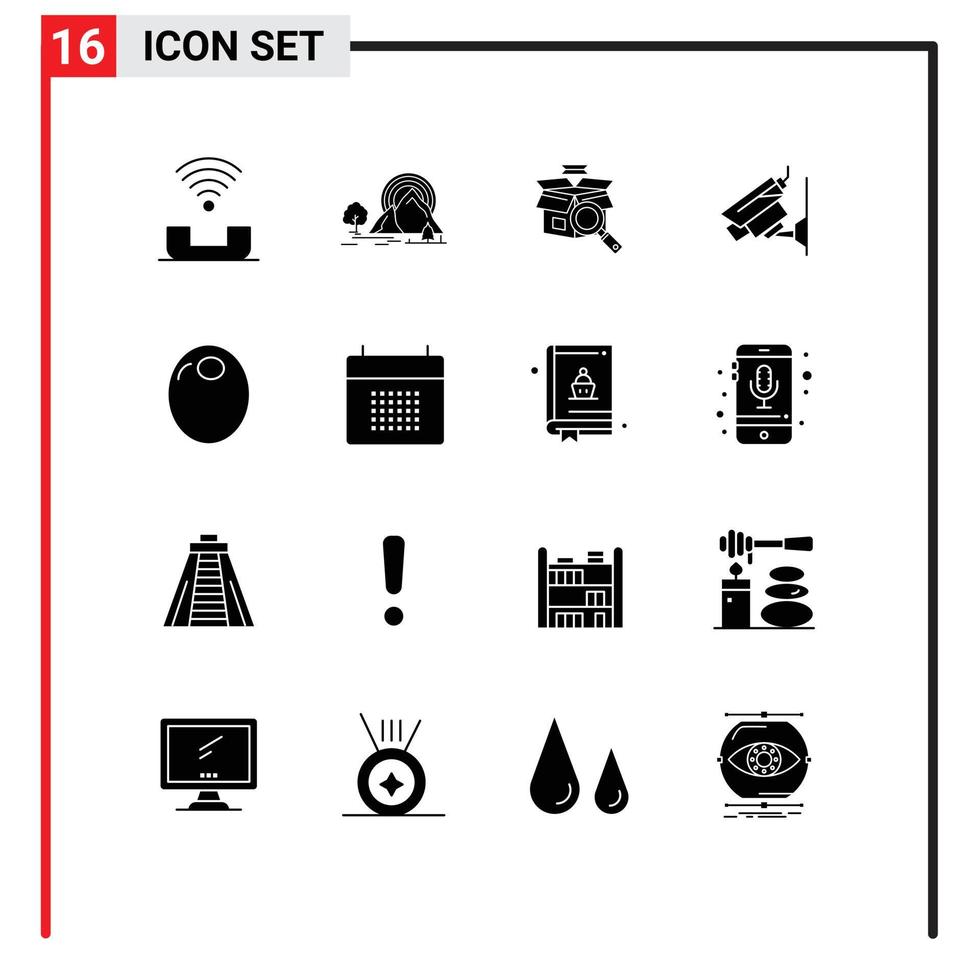 Set of 16 Commercial Solid Glyphs pack for surveillance cctv nature camera online search Editable Vector Design Elements