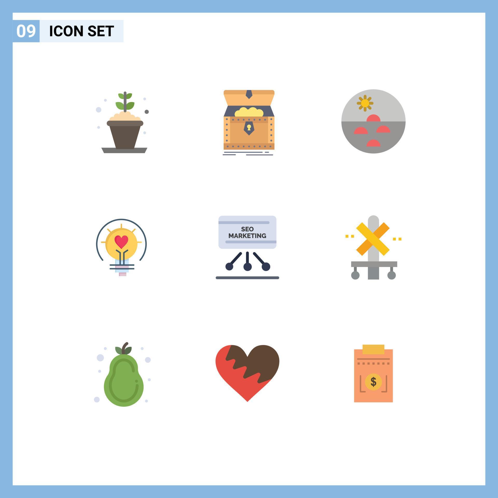 Mobile Interface Flat Color Set of 9 Pictograms of light bulb valentine