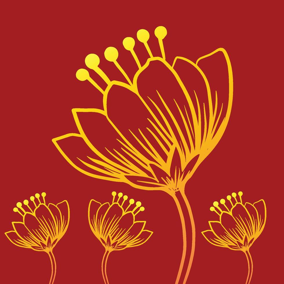 flor línea arte vector ilustración patrón fondo plantilla diseño. fondo floral de color dorado y rojo