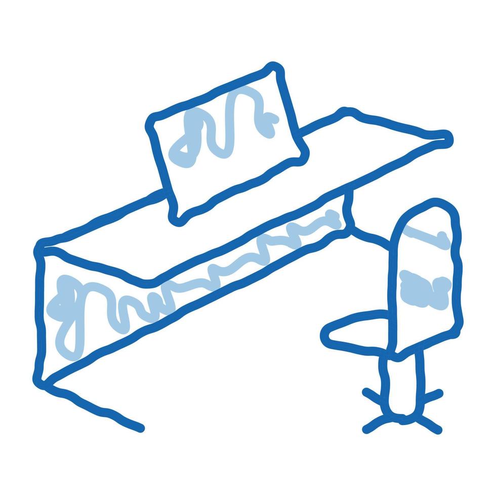 office table chair and computer doodle icon hand drawn illustration vector