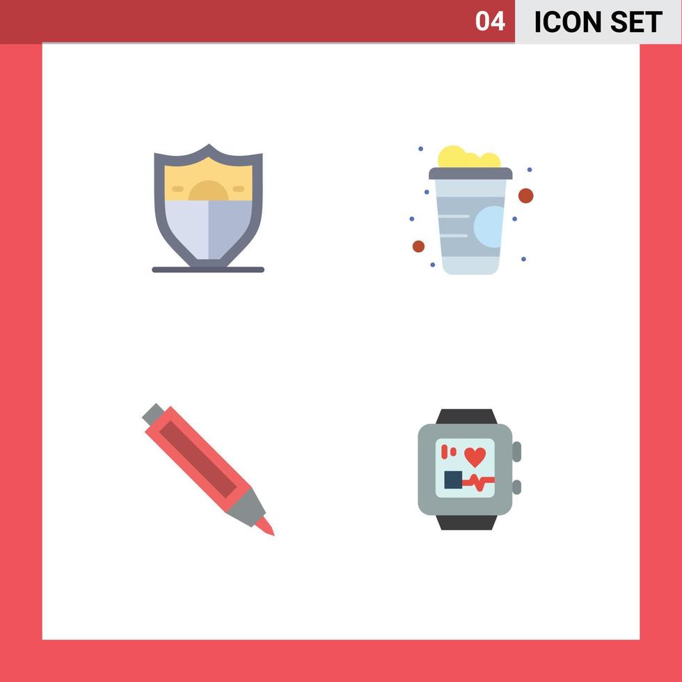 Group of 4 Modern Flat Icons Set for shield medical drink education heartbeat Editable Vector Design Elements