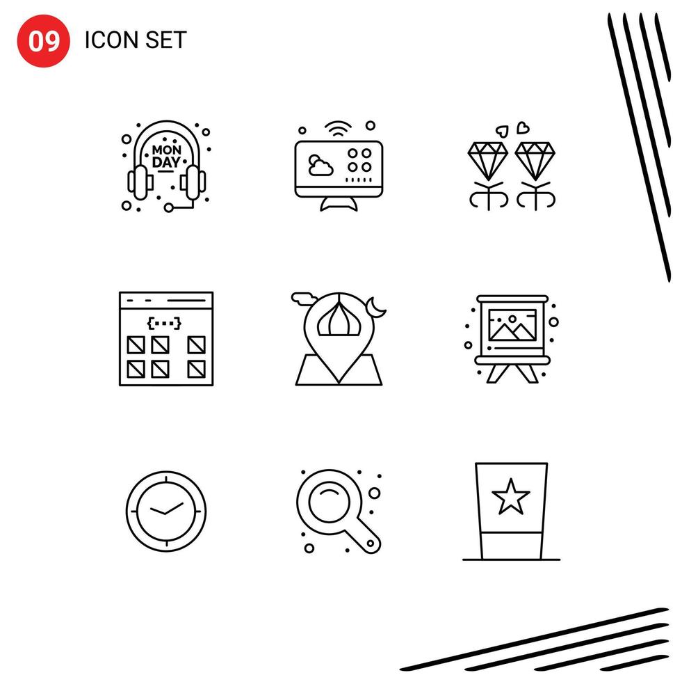 User Interface Pack of 9 Basic Outlines of location interface jewel development coding Editable Vector Design Elements
