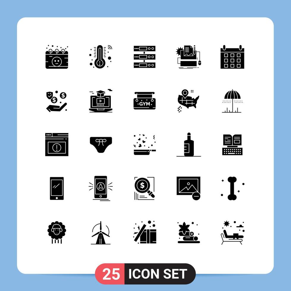 Pack of 25 Modern Solid Glyphs Signs and Symbols for Web Print Media such as calendar paper data computer type writer Editable Vector Design Elements