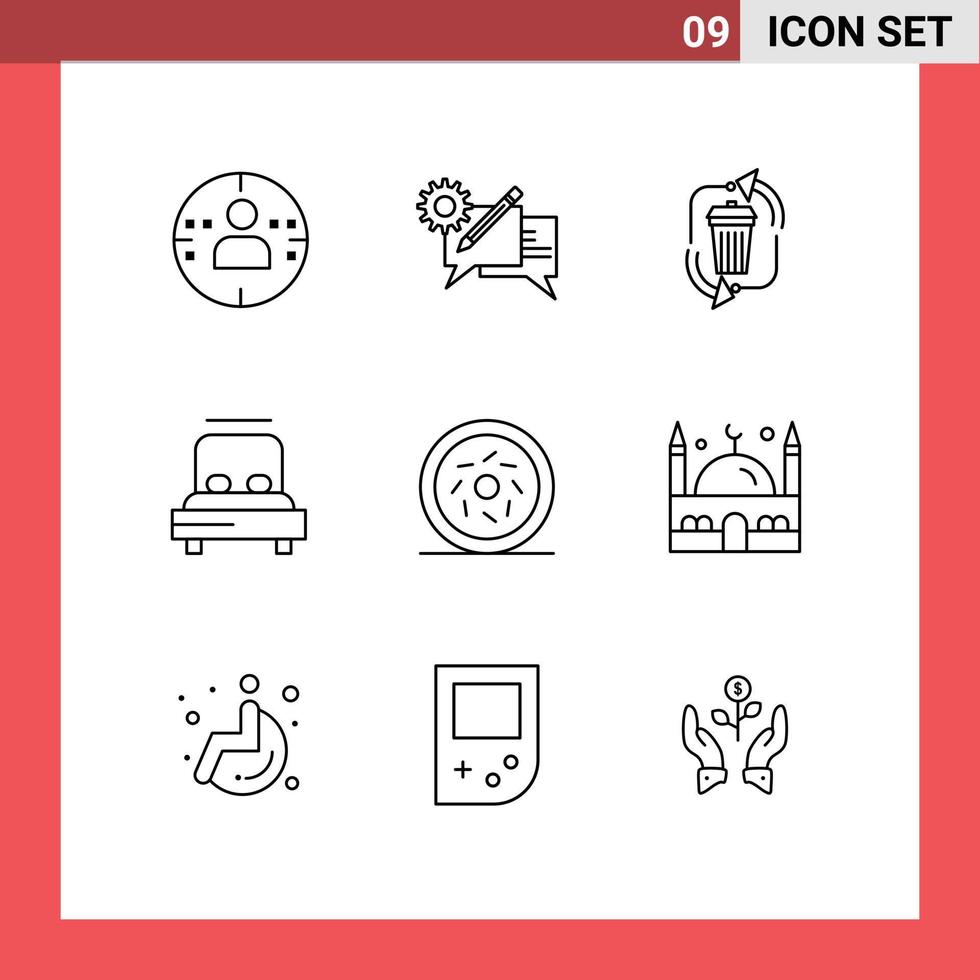 Stock Vector Icon Pack of 9 Line Signs and Symbols for donut love waste heart recycle Editable Vector Design Elements