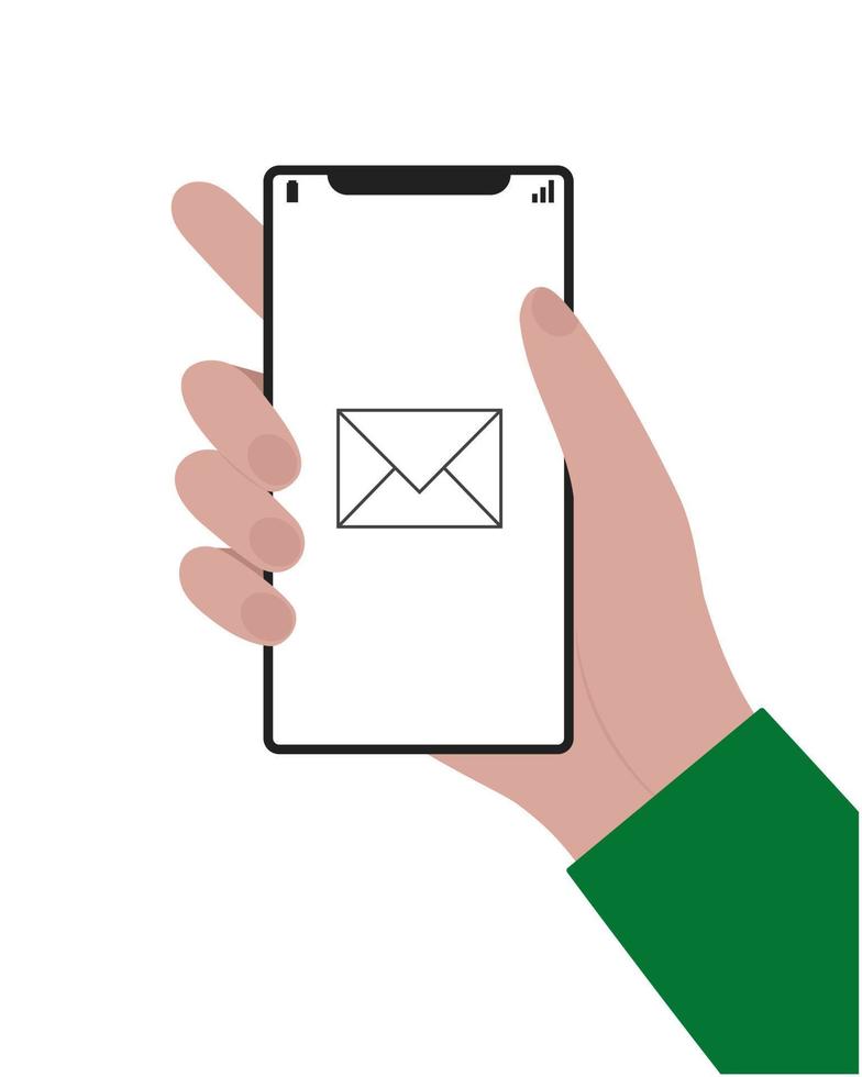 Hand holding a phone. Sending a message, sms. Illustration for mailing by E-mail and the Internet. vector