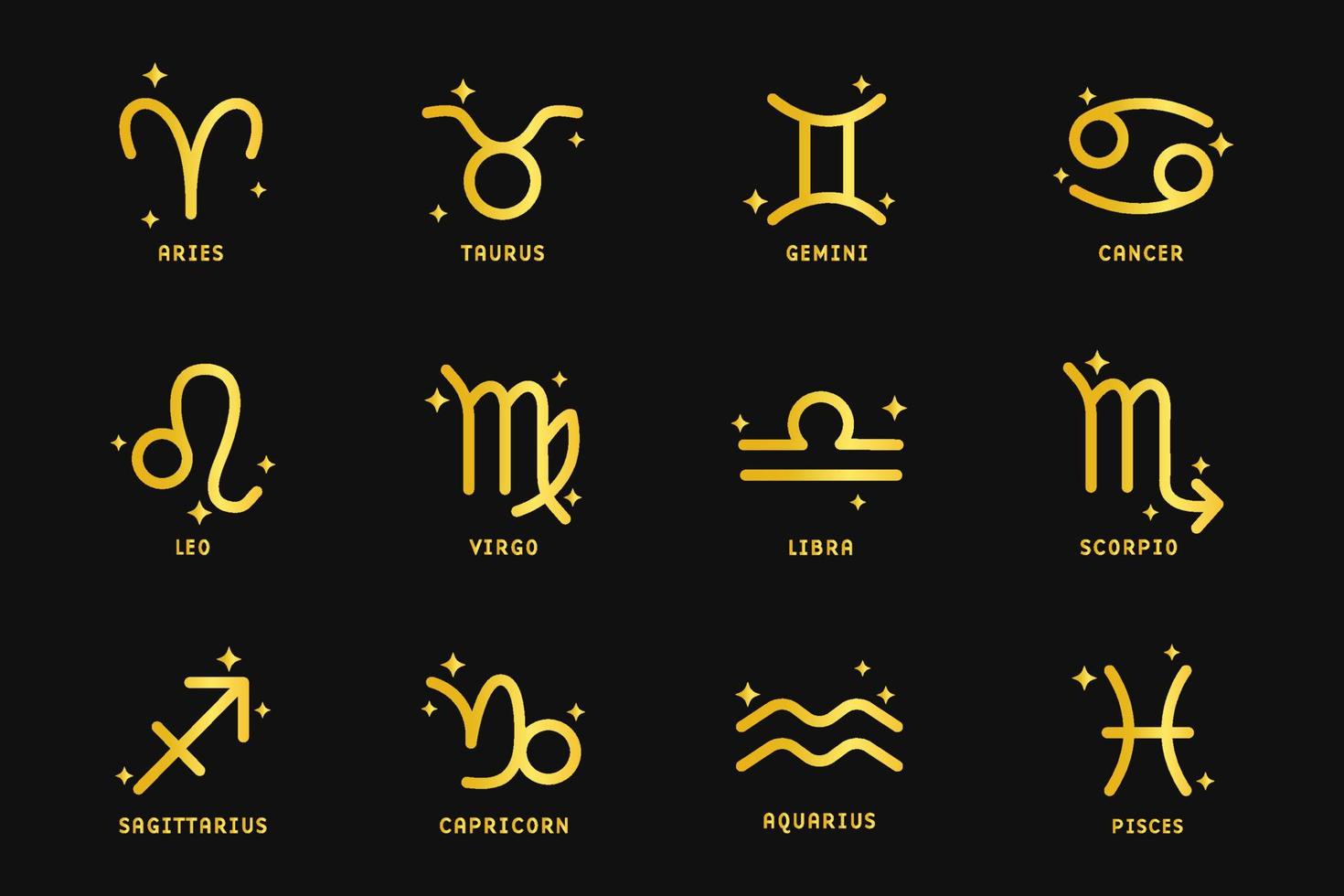 Golden zodiac signs set. Luxury zodiac icons. Vector illustration on black background.